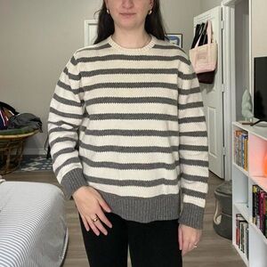 Knit gray and cream striped crewneck sweater